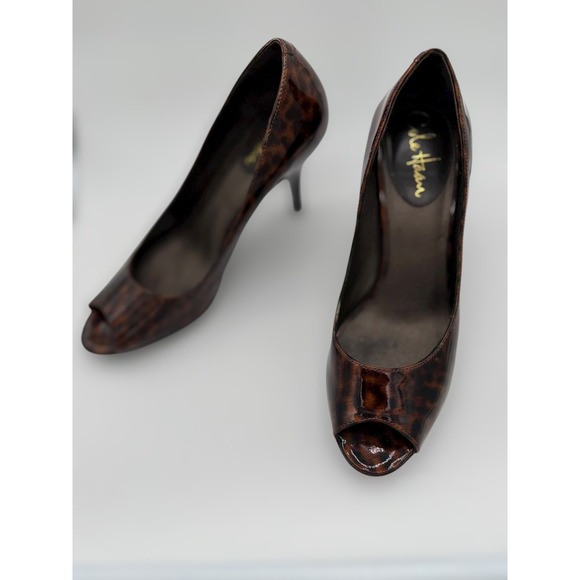 Cole Haan Leopard Patent Peep Toe Pumps Brown Black D29828 Heels Womens 6.5B - Picture 3 of 10